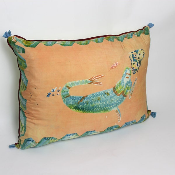 Mermaid Waving hand painted silk cushion