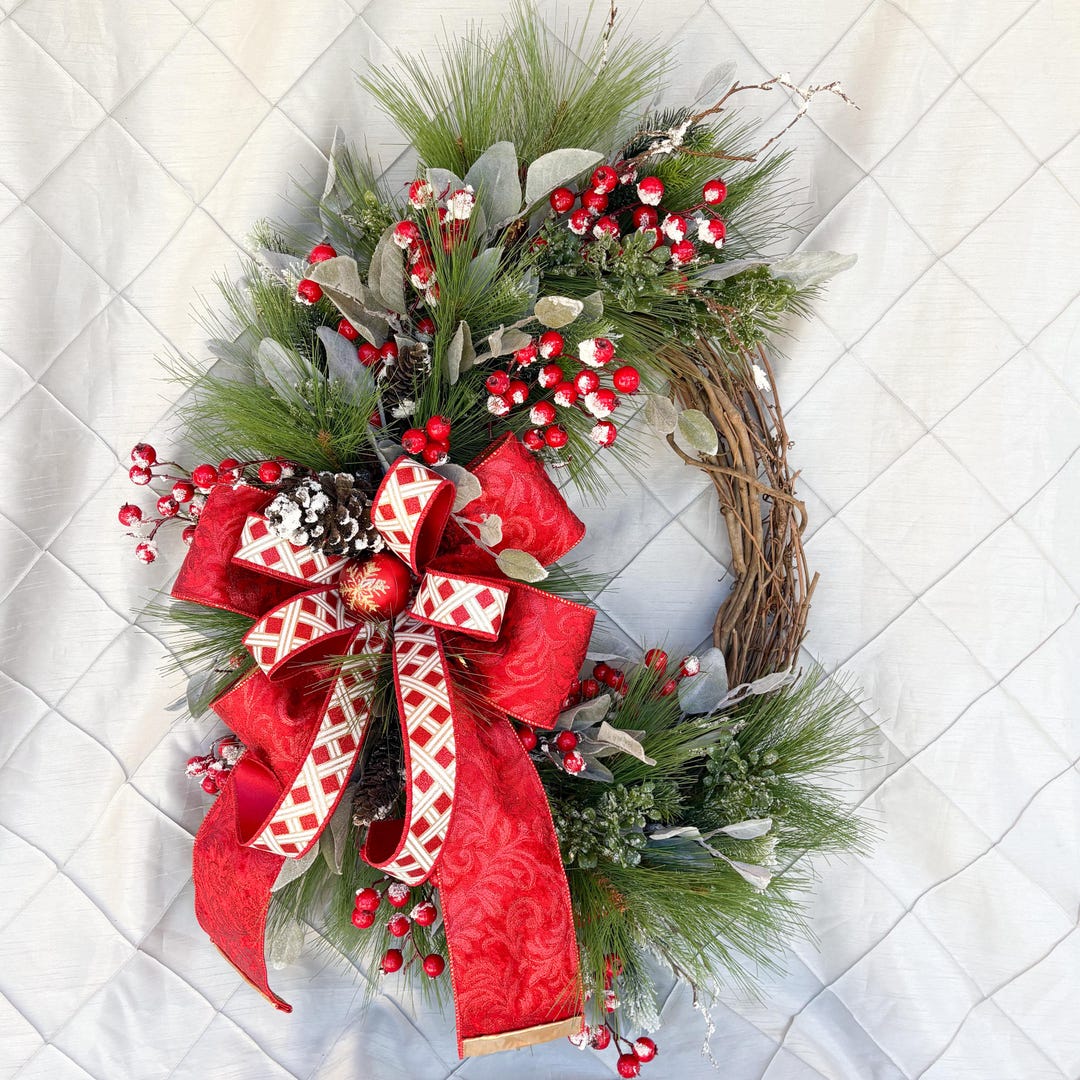 Frosted Berry Winter Wreath | Red Bow & Pinecone Grapevine Wreath - Etsy