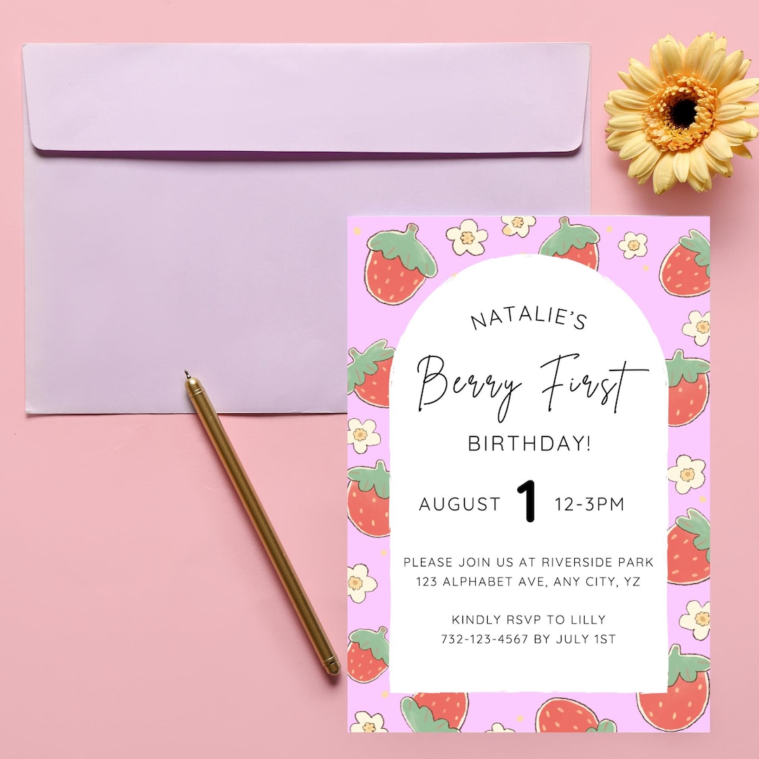 Editable Berry First Birthday Invitation, Strawberry and Daisy Burst ...