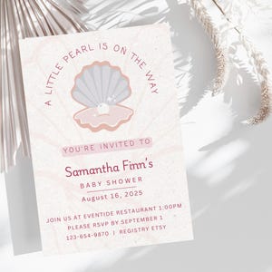 Chá de Bebê Little Pearl, Convite Rosa para Chá de Bebê, Sob o Mar, Convite Editável para Chá de Bebê, Chá de Bebê Menina | Little Pearl Is On The Way