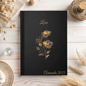 Personalized Elegant Floral Hardcover Journal - Personalized Gift for Love, Writing, Journaling, Diary, Memories, Black Gold Design, Custom