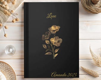 Personalized Elegant Floral Hardcover Journal - Personalized Gift for Love, Writing, Journaling, Diary, Memories, Black Gold Design, Custom