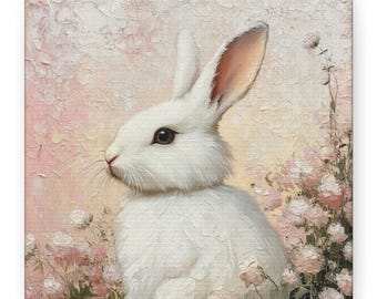 Cute Bunny Canvas Art Print, Spring Decor, Floral Wall Art, Rabbit Artwork, Easter Gift, Nursery Decoration, Canvas Wall Art