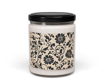 Elegant Floral Decor Scented Soy Candle, Eco-Friendly Gift, Home Fragrance, Relaxing Aromatherapy, Candle for Spa Day, Black and Cream Decor