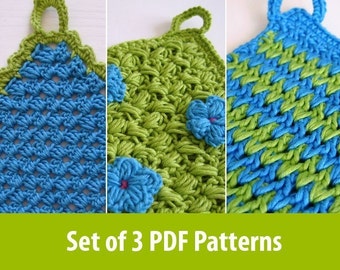 3 easy crochet patterns for pot holders or wash cloth PDF tutorials