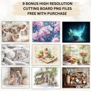 May include: A collection of nine high-resolution cutting board PNG files, each featuring a different watercolor design. The designs include a calf with a flower crown, kittens, flowers, and food arrangements. Text reads "9 BONUS HIGH RESOLUTION CUTTING BOARD PNG FILES FREE WITH PURCHASE."