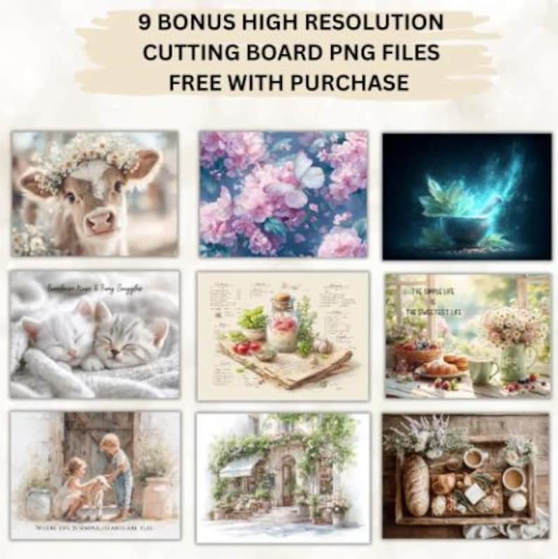 May include: A collection of nine high-resolution cutting board PNG files, each featuring a different watercolor design. The designs include a calf with a flower crown, kittens, flowers, and food arrangements. Text reads "9 BONUS HIGH RESOLUTION CUTTING BOARD PNG FILES FREE WITH PURCHASE."