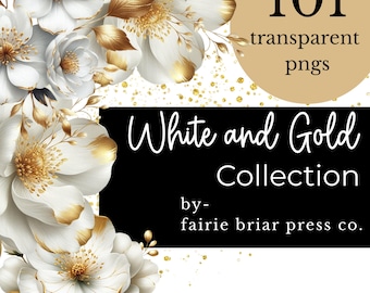 White and Gold flower clipart, flower graphic, digital floral elements, floral invitation, wedding shower design, printable PNG illustration