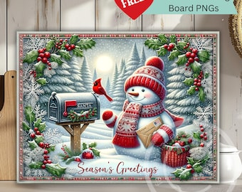 Könnte beinhalten: Eine winterliche Szene mit einem Schneemann, der einen rot-weißen Hut und Schal trägt und einen Brief hält. Ein Briefkasten mit "SANTA" und ein roter Kardinal sind ebenfalls zu sehen. Der Text "Season's Greetings" steht unten.