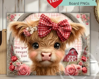 Highland Cow Cutting Board PNG –   Valentine calf - Farmhouse Kitchen Sublimation Design – Spring Rustic Decor - Digital Download
