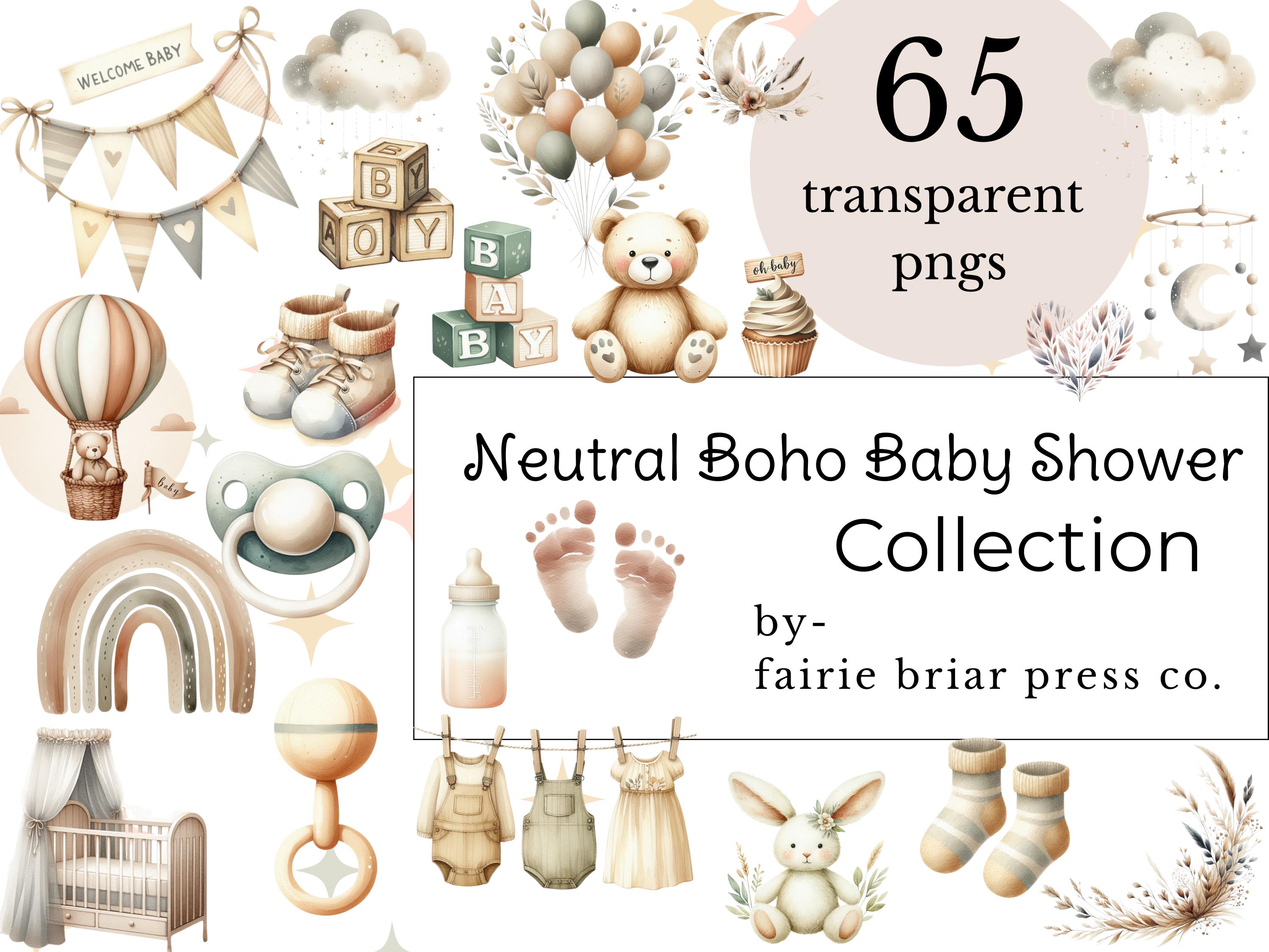Baby Shower Clipart Boho Watercolor Baby Nursery PNG Gender Neutral Graphics Commercial Use