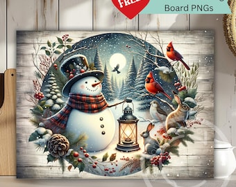 Könnte beinhalten: Winterliches Wandkunst-Poster mit einem Schneemann mit Zylinder und Schal, der eine Laterne hält. Das Kunstwerk zeigt Kardinäle, Kaninchen und eine verschneite Waldszene. Der Hintergrund ist eine rustikale Holzstruktur.