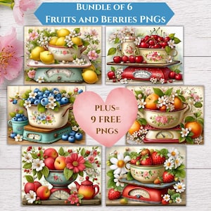 May include: A digital art bundle featuring six images of fruits and berries, including lemons, cherries, blueberries, oranges, apples, and strawberries. Each image shows the fruit in a decorative bowl on a vintage scale, with floral accents. Text reads "BUNDLE OF 6 FRUITS AND BERRIES PNGS" and "PLUS= 9 FREE PNGS".