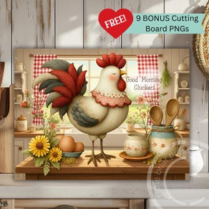 Puede incluir: Una escena de cocina decorativa con un gallo con cresta y plumas de cola rojas. La imagen incluye girasoles, huevos y el texto "Good Morning Cluckers". Un corazón rojo con la palabra "FREE!" está en la esquina superior izquierda.