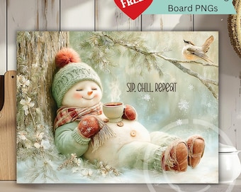 May include: A canvas print featuring a whimsical snowman relaxing in a snowy scene. The snowman wears a green knit hat, scarf, and mittens, holding a cup of coffee. Text reads "Sip. Chill. Repeat." A red heart with "FREE!" is in the upper left.