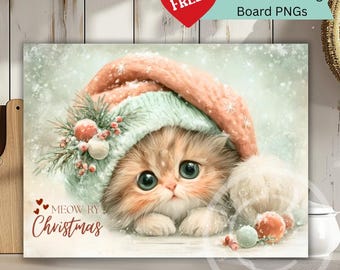 Santa Hat with Kitten Cutting Board PNG - Christmas cat lover Sublimation Design –  Digital Download