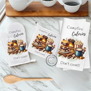 Strofinaccio da campeggio per gli amanti del campeggio / Divertente decorazione S'mores e regalo PNG con stampa a sublimazione delle calorie del falò