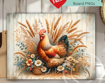 Hen & Ernte Schneidebrett PNG - Rustikales Herbst Bauernhof Tier Huhn Sublimationsdesign - Digitaler Download