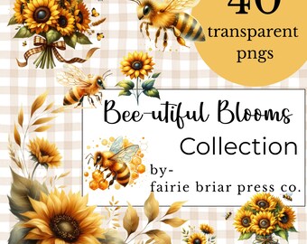 Watercolor Sunflower Honeybee Clipart: Floral PNG Set (Digital Download)
