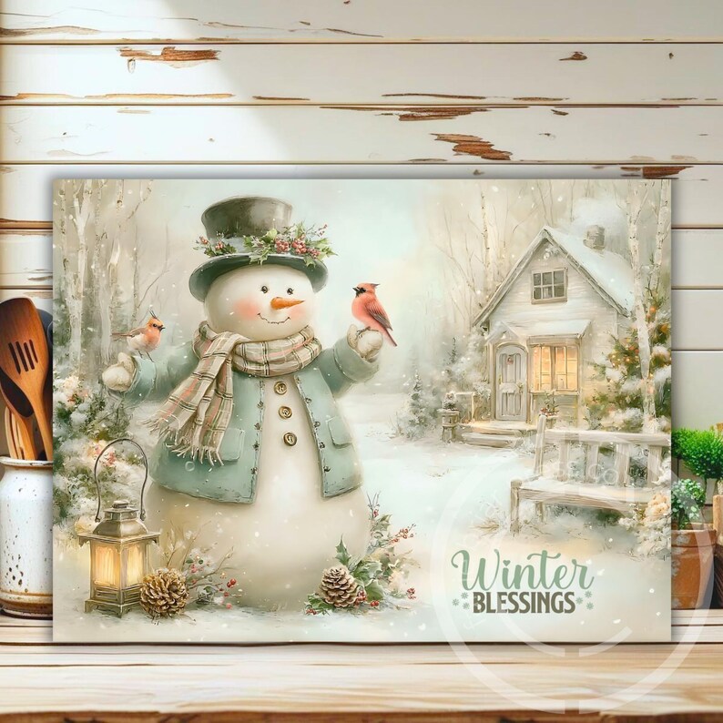 May include: A winter-themed canvas print featuring a snowman wearing a hat and scarf, holding a bird. A small house and the words "Winter Blessings" are also visible. The color palette includes soft blues, greens, and whites.