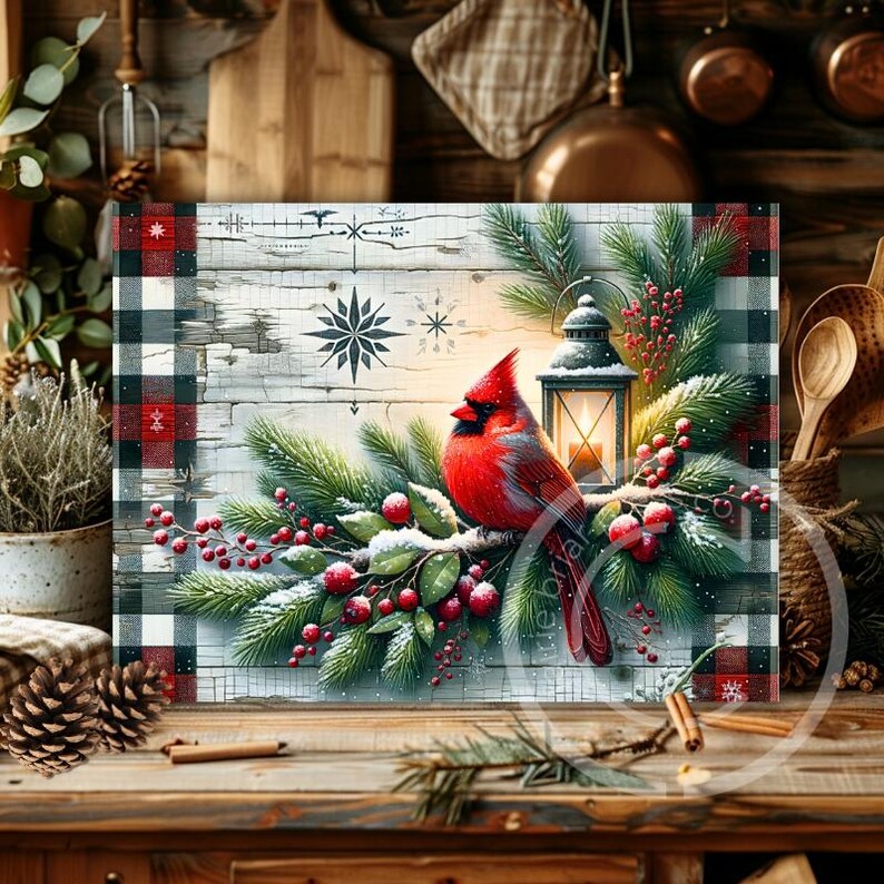 May include: A decorative rectangular print featuring a vibrant red cardinal perched on a snow-covered branch with red berries and green pine needles. A lantern with a lit candle sits nearby. The background has a white wood design with a black and red plaid border.