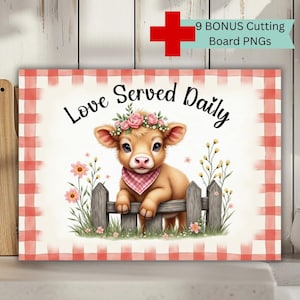 Tagliere con mucca delle Highlands, design a sublimazione: Love Served Daily PNG, arredamento da cucina in stile fattoria