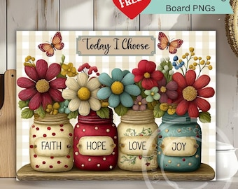 Floral Cutting Board Sublimation Design, Faith Love Hope Joy Chopping Board PNG, Rustic Floral Style Kitchen Decor - Digital Download