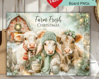 Farm Fresh Christmas Cutting board PNG – Farmhouse Barn Animal Winter Sublimation Design –  Digital Download