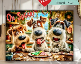 May include: A whimsical image features three animated dogs with excited expressions, gathered around a table with cookies. The phrase "Oh Sugar!" is displayed in red, glittery text. A red heart with "FREE!" is in the upper left corner.