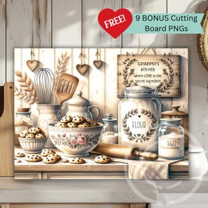 Könnte beinhalten: Ein digitaler Kunstdruck mit Küchenthema und rustikaler Ästhetik. Das Bild zeigt ein Holzschild mit der Aufschrift "Grandma's Kitchen" und verschiedene Küchenartikel, darunter eine Schüssel mit Keksen, Gläser mit Mehl und Zucker sowie ein Nudelholz. Der Text "FREE! 9 BONUS Cutting Board PNGs" ist ebenfalls enthalten.