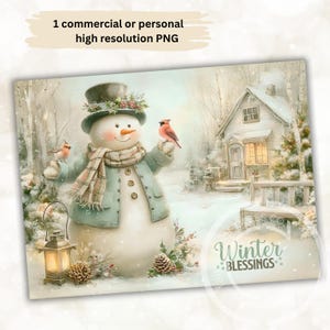 May include: Watercolor illustration of a snowman wearing a hat and scarf, holding birds, with a winter scene background. The image includes a lantern, a small house, and the text "Winter Blessings".