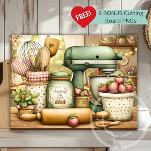 Könnte beinhalten: Ein dekoratives Schneidebrett mit einer Küchenszene, darunter ein grüner Standmixer, Gläser und Erdbeeren. Die Worte "Whisking Up Love" stehen auf einem Glas. Ein rotes Herz mit dem Wort "FREE!" und der Text "9 BONUS Cutting Board PNGs" sind ebenfalls zu sehen.