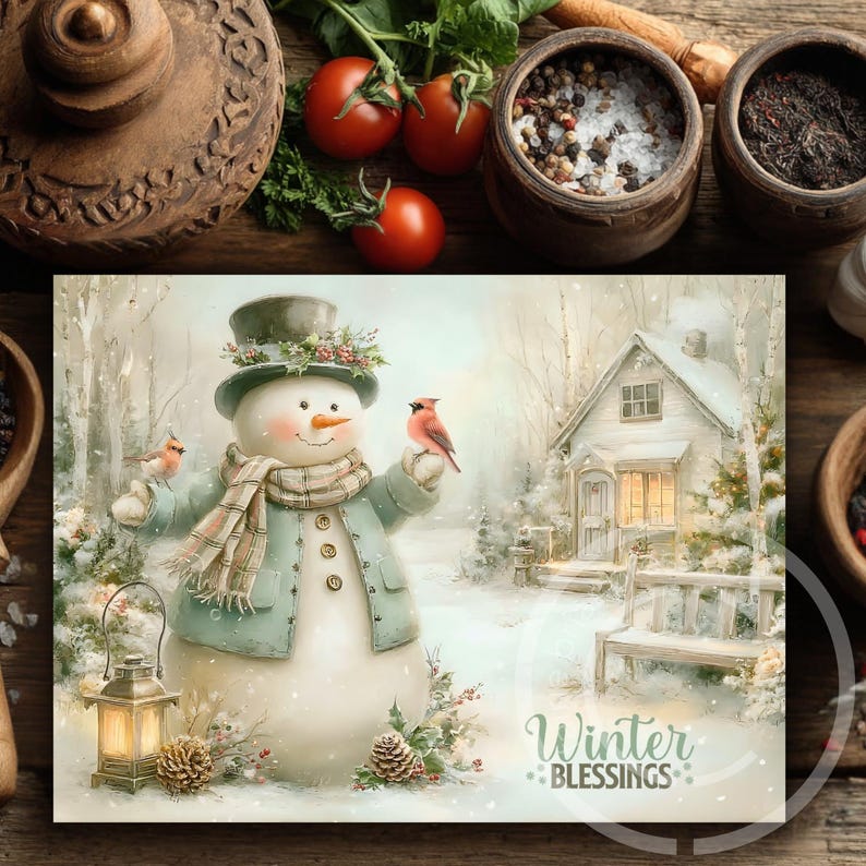 May include: A winter-themed illustration featuring a snowman in a blue coat and hat, holding a bird. A small house and the text "Winter Blessings" are also visible. The image has a soft, watercolor style.