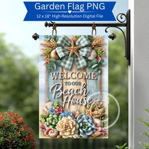 May include: A rectangular garden flag with the text "WELCOME TO OUR Beach House". The flag is 12 x 18 inches and features a beach theme with seashells, starfish, and a blue and white gingham bow. The flag is hanging on a black metal bracket.