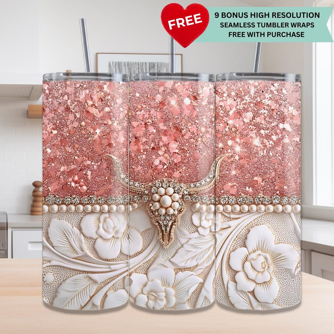 Cowgirl Pink & White Tumbler Wrap, Western Glam Bull Skull PNG, Rose ...