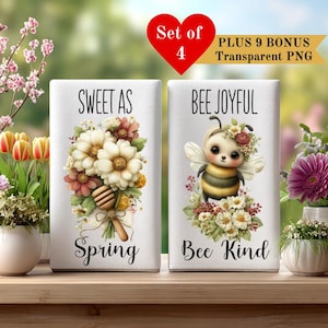 May include: Two white decorative blocks with floral and bee designs. One block reads "Sweet as Spring" with a floral bouquet and honey dipper. The other block says "Bee Joyful Bee Kind" with a cute bee illustration. A red heart with "Set of 4" is in the top left.