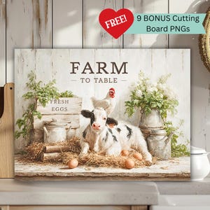 May include: A rustic farmhouse-style print featuring a cow, chicken, and eggs. The words "FARM TO TABLE" are displayed above the cow. The print includes a wooden crate with the words "FRESH EGGS".