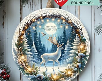 Ethereal Reindeer PNG – Christmas Round Sublimation Design – Woodland Winter Animals – Door Hanger – Digital Download
