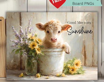 Könnte beinhalten: Leinwanddruck mit einem Kalb in einem weißen Eimer, umgeben von Sonnenblumen und Lavendel. Die Worte "Good Morning Sunshine" stehen oben. Ein rotes Herz mit dem Wort "FREE!" befindet sich in der oberen linken Ecke.