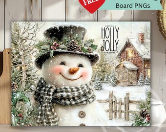 Könnte beinhalten: Ein Schneidebrett mit Wintermotiv, das einen lächelnden Schneemann mit Zylinder und Schal zeigt. Im Hintergrund eine verschneite Landschaft mit einem Haus und dem Text "Have a Holly Jolly Christmas". Ein rotes Herz mit dem Wort "FREE!" befindet sich oben links.