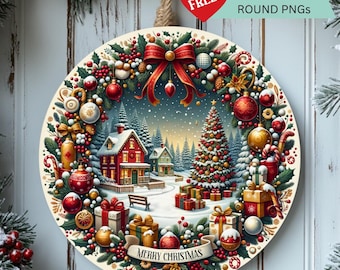 Christmas Town Tree Door Hanger PNG – Round Sublimation  for Coasters, Ornaments, Signs & Holiday Crafts