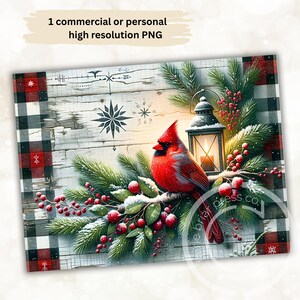 May include: A digital art print featuring a vibrant red cardinal perched on a snow-covered branch with red berries and evergreen boughs. A lantern glows beside the bird, set against a rustic wood background with a buffalo check border. Text reads: "1 commercial or personal high resolution PNG."