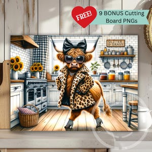 May include: A whimsical kitchen scene features a Highland cow wearing sunglasses, a bow, and a leopard print coat. The cow is standing in a kitchen with sunflowers, a stove, and the text "Glitter & Gravy". A red heart with the word "FREE!" is in the upper left corner.