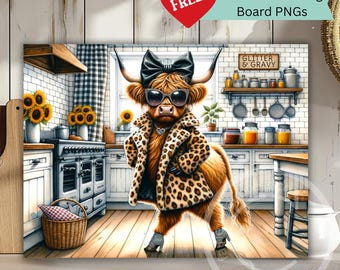 Highland Cow Cutting Board PNG – Funny Farmhouse Kitchen Sublimation Design - Digital Download