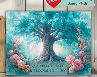 May include: A vibrant, artistic rendering of a large tree with a teal canopy and trunk, surrounded by colorful flowers. The image includes the text "ROOTED IN FAITH & BLOOMING IN JOY" and a heart-shaped "FREE!" sticker, along with text about bonus cutting board PNGs.