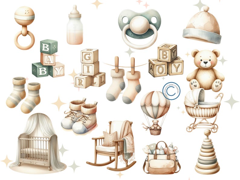 Baby Shower Clipart Boho Watercolor Baby Nursery PNG Gender Neutral ...