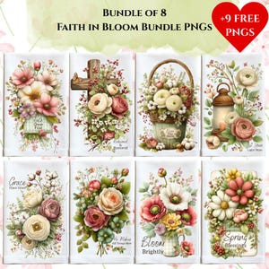 May include: A collection of eight floral-themed PNGs, featuring watercolor illustrations of flowers, crosses, and lanterns. Each design includes text such as "Faith Over Fear," "Restored," and "Spring Blessings." The images are in soft pastel colors.