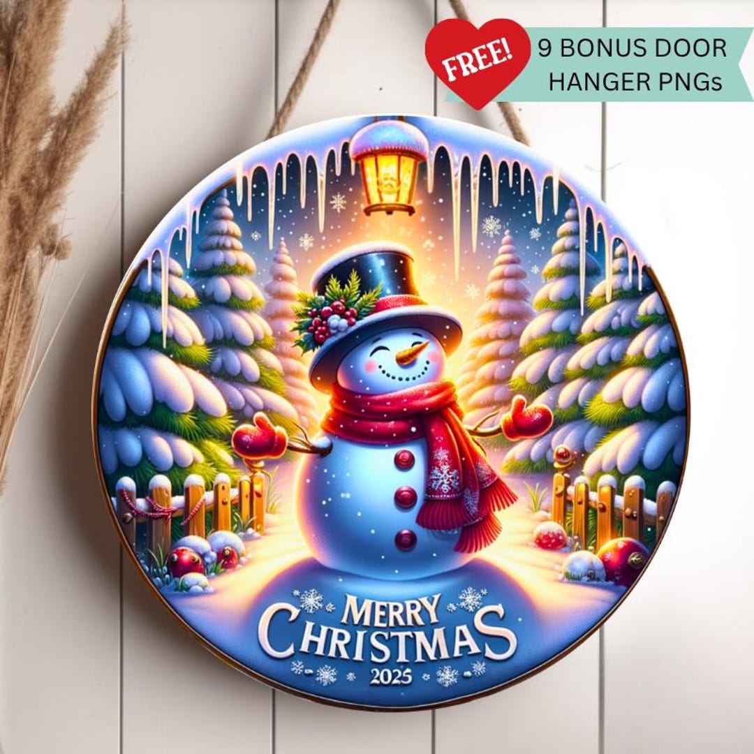 Holiday PNG – Snowman Round Door Hanger Sublimation Design – Merry ...