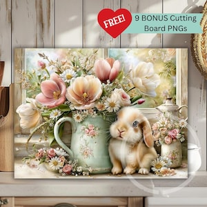 Può includere: Una natura morta floreale con una brocca verde chiaro piena di tulipani rosa e crema e margherite. Un coniglietto soffice è seduto accanto alla brocca. L'immagine include il testo "FREE!" e "9 BONUS Cutting Board PNGs".