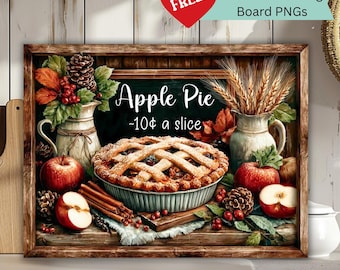 アップルパイキッチンデザイン - 秋のカッティングボードPNG - 素朴な農家のベーキング昇華 - デジタルダウンロード